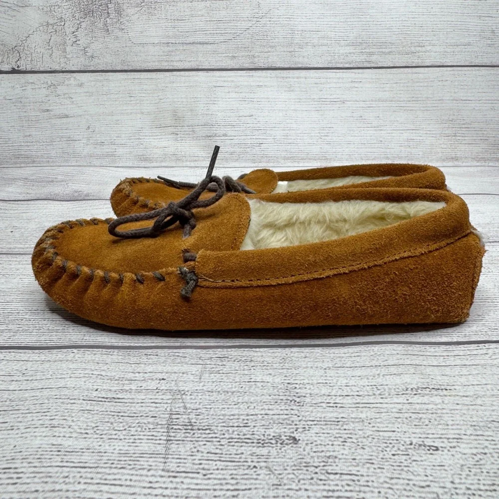 Minnetonka‎ Kids size 3 Moccasins Slippers Brown Suede Leather Lined Shoes